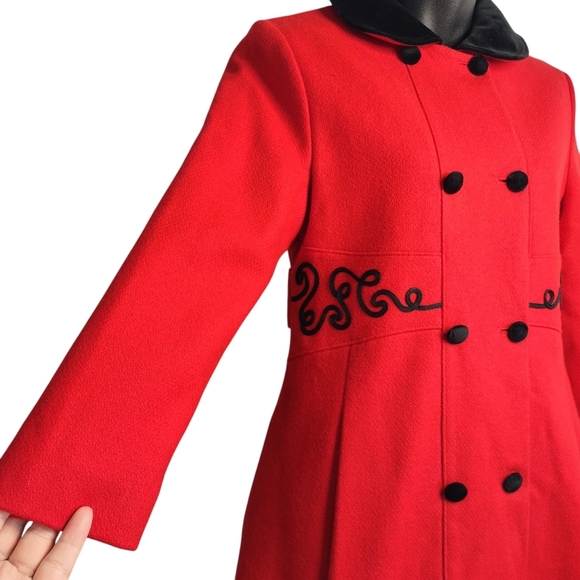 Vtg Freeway fashions Pea Coat Womens Red Wool Velvet Collar Embellished Waist 10 - Picture 6 of 10
